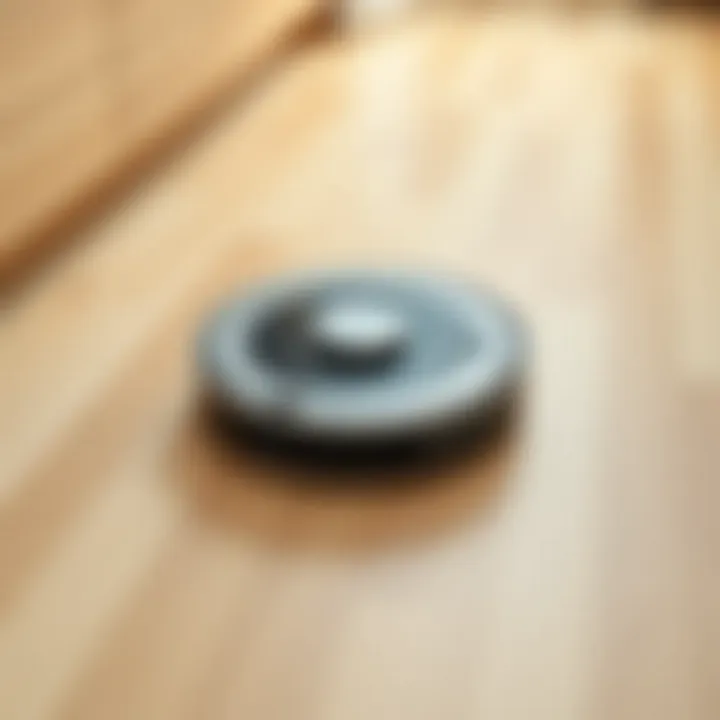 Compact robot vacuum on hardwood floor