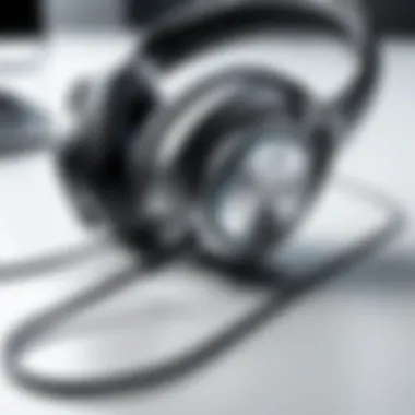 Close-up view of a high-quality USB office headset emphasizing sound quality features.