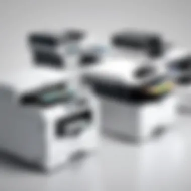 Diverse range of office printers displayed for selection