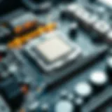 Close-up of a motherboard with CPU and RAM installed