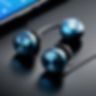 Close-up view of Bluetooth earbuds showcasing design and features