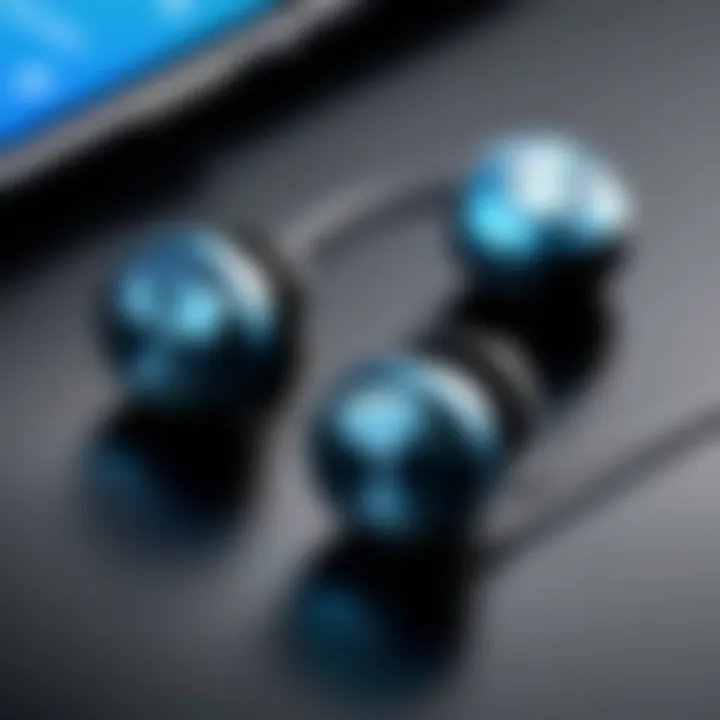 Close-up view of Bluetooth earbuds showcasing design and features