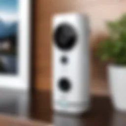 A sleek portable battery operated security camera in a modern home setting