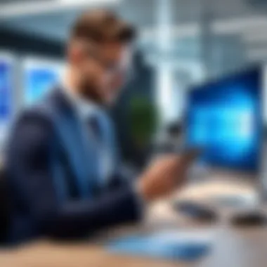 Smartphone Utilization in Professional Environments Business professional using a smartphone in a modern office setting