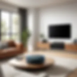 A modern living room showcasing an Amazon Echo setup for surround sound.