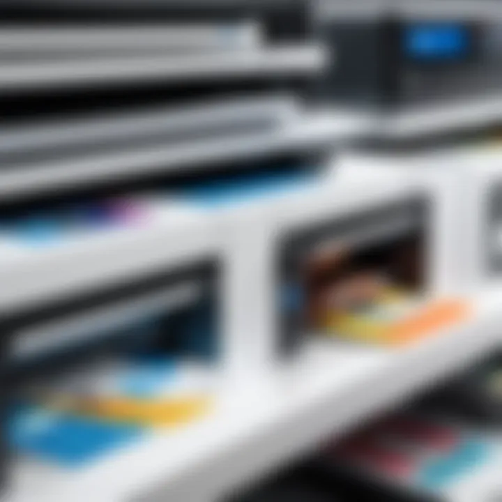 A selection of budget printers displayed on a retail shelf