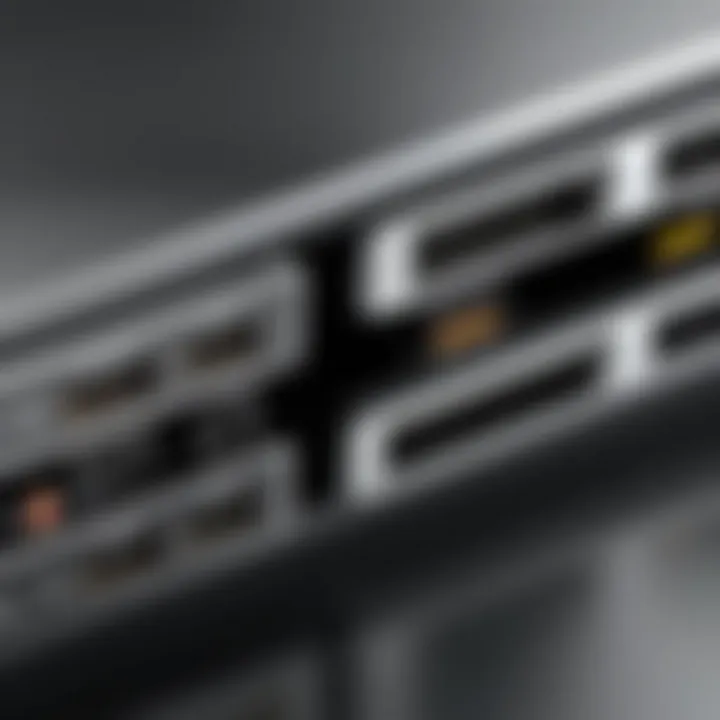 Close-up view of a four-port DisplayPort KVM switch showcasing its ports and connectivity options.