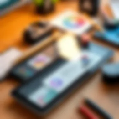A close-up of a creative workspace with an iPad and graphic design elements