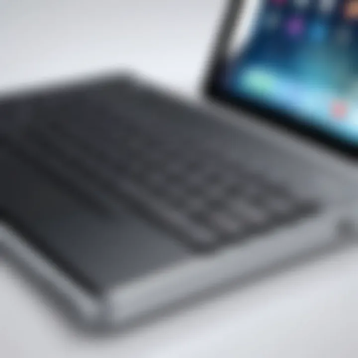 Close-up view of an iPad connected to a sleek Bluetooth keyboard and trackpad