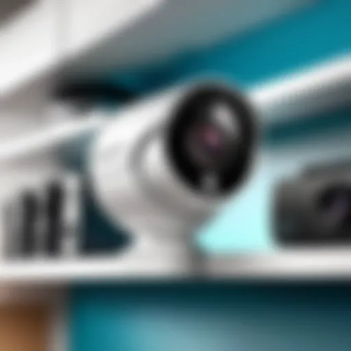 Modern indoor security camera on a shelf