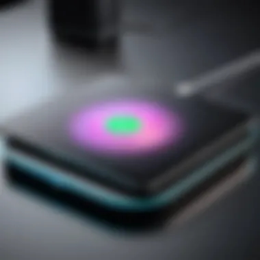 Close-up view of a tablet charging wirelessly on a Qi pad