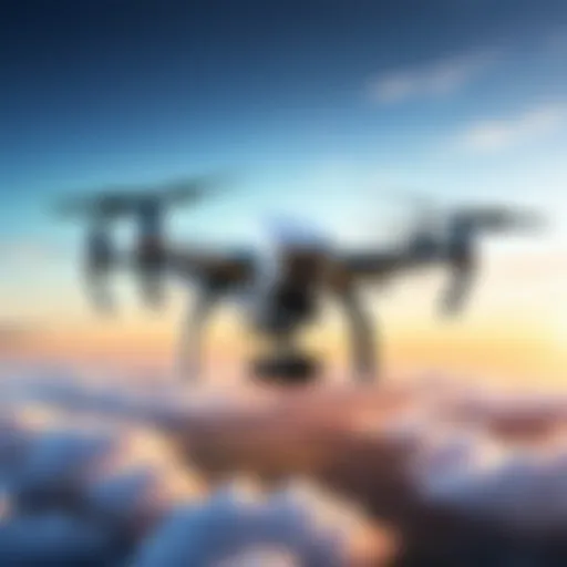 Drone soaring through the sky demonstrating auto return feature