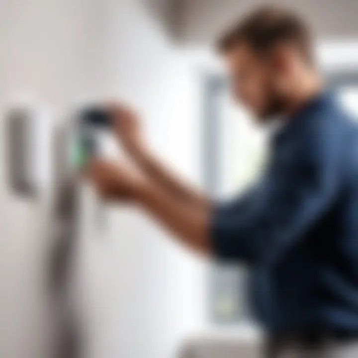 A technician installing a wireless security system in a home.