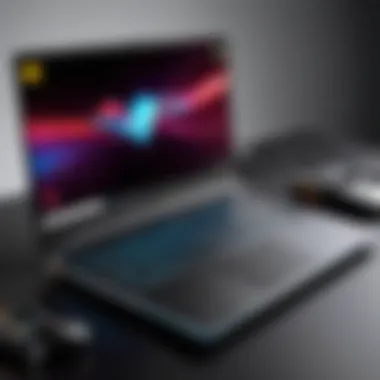 Portability and Design of Gaming Laptops A sleek gaming laptop positioned against a dynamic gaming backdrop.