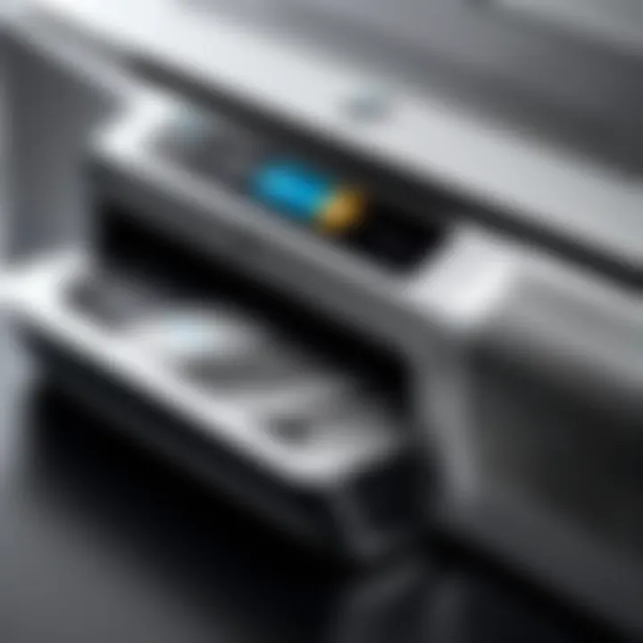 Close-up view of the new HP printer showcasing its sleek design.