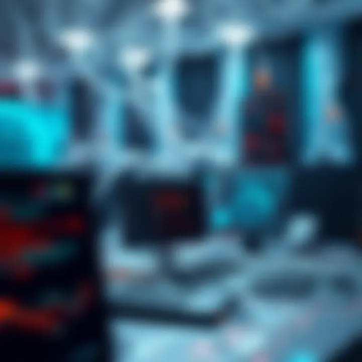 An abstract representation of IT networks and systems connected through portal computers.