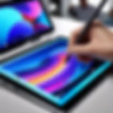 Close-up of the S Pen with a vibrant digital artwork on a Samsung tablet screen