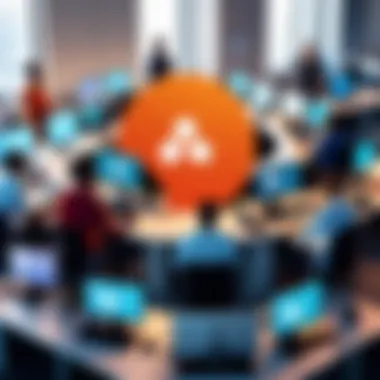 A diverse group of professionals collaborating on Ubuntu systems in a modern office environment.