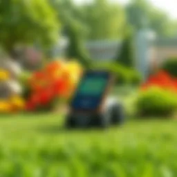 Landroid GPS device in action in a landscaped garden