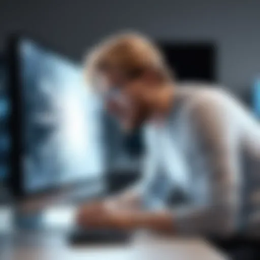 A frustrated IT professional staring at a frozen computer screen.