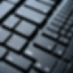 Close-up of a wired keyboard showcasing key design features.
